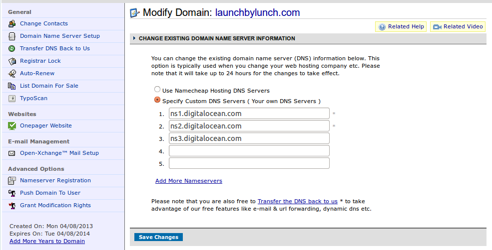 Namecheap DigitalOcean nameserver setup